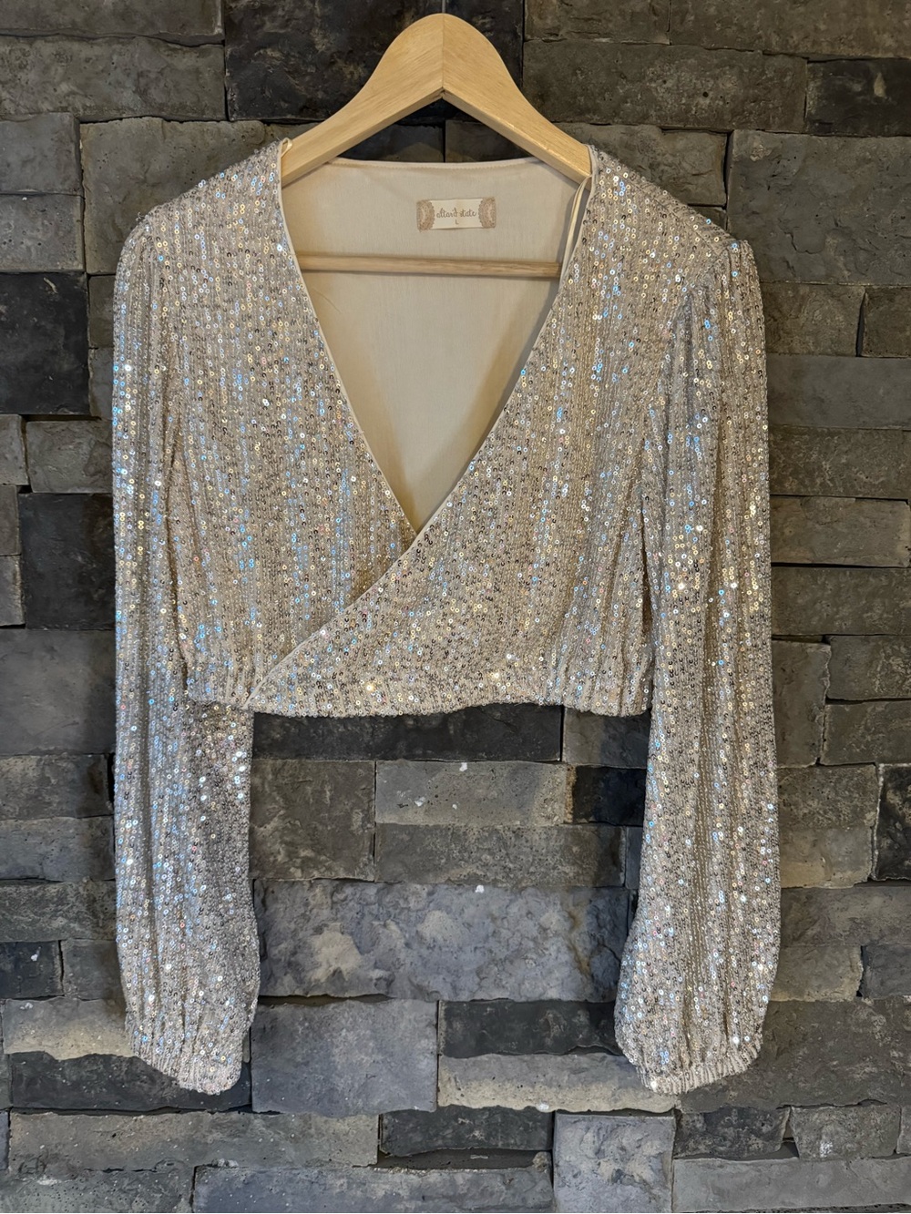 Altar’d State sparkly Sequin Wrap Long Sleeve Cropped Top Light Gold Size Large